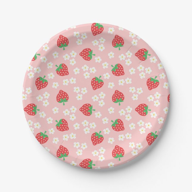 Strawberry Flowers Pink Pattern Paper Plates (Front)