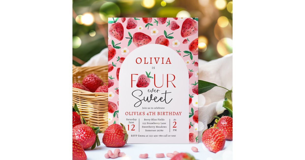 Strawberry Four Ever Sweet Berry 4th Birthday Invitation