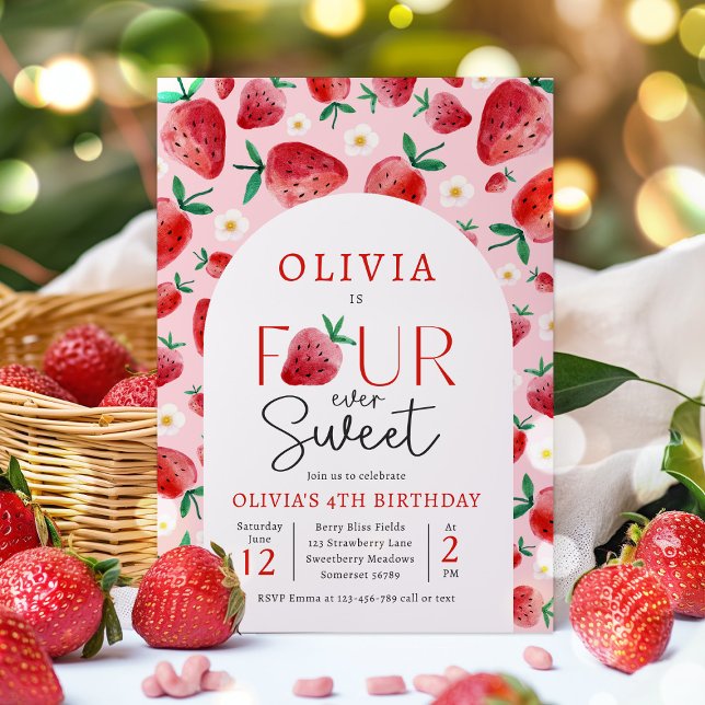 Strawberry Four Ever Sweet Berry 4th Birthday Invitation (Creator Uploaded)