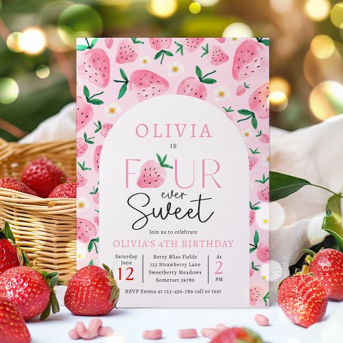 Strawberry Four Ever Sweet Berry 4th Birthday Invitation