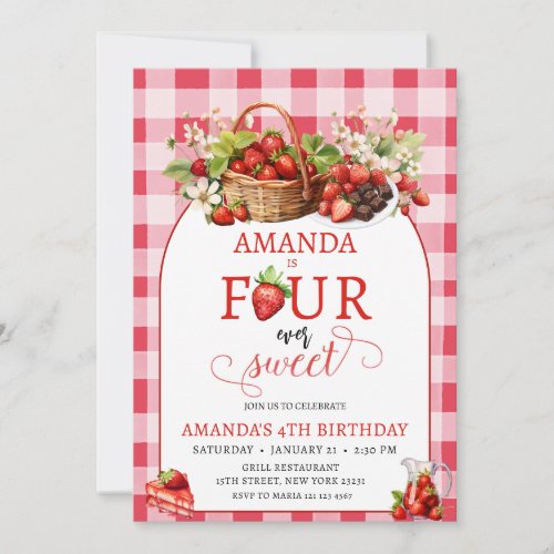 Strawberry Four Ever Sweet Berry 4th Birthday Invitation