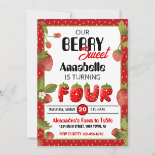 Strawberry Fourth Birthday Party Invitation