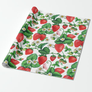 Strawberry Fruit and Strawberry Blossom Vibrant Wrapping Paper