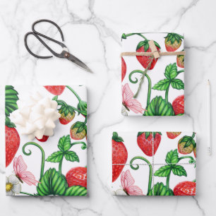 Strawberry Fruit and Strawberry Blossom Vibrant  Wrapping Paper Sheets
