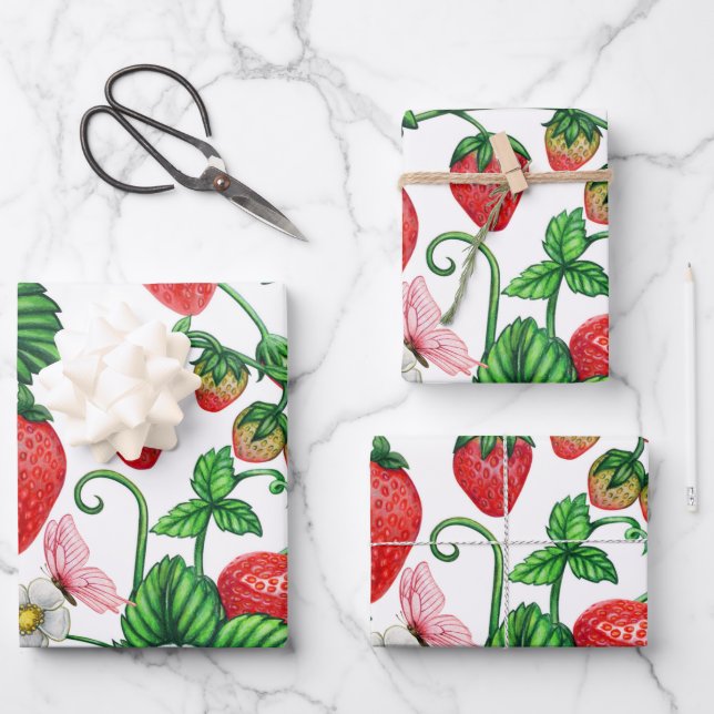 Strawberry Fruit and Strawberry Blossom Vibrant  Wrapping Paper Sheets (Front)