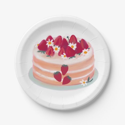 Strawberry Fruit Cake and Daisy Flowers Paper Plates