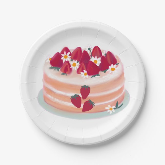 Strawberry Fruit Cake and Daisy Flowers Paper Plates (Front)