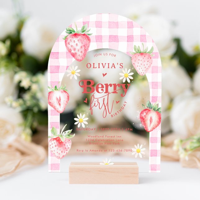Strawberry Fruit Daisy Berry First Birthday Arch Acrylic Invitations (Creator Uploaded)