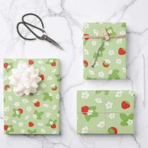 Strawberry Fruit Floral Red Green Pattern Wrapping Paper Sheets