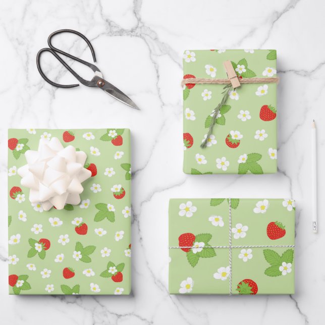 Strawberry Fruit Floral Red Green Pattern Wrapping Paper Sheets (Front)