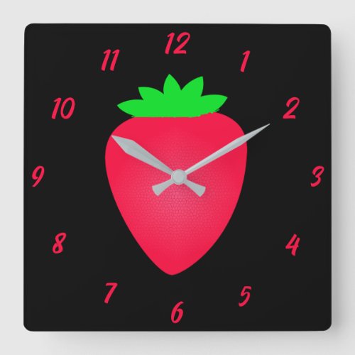 Strawberry Fruit Girls Boys Nursery Red Black Cute Square Wall Clock