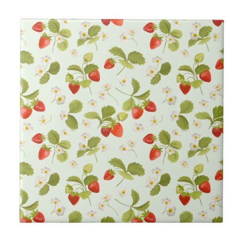 Strawberry Fruit Leaves and Flowers   Ceramic Tile