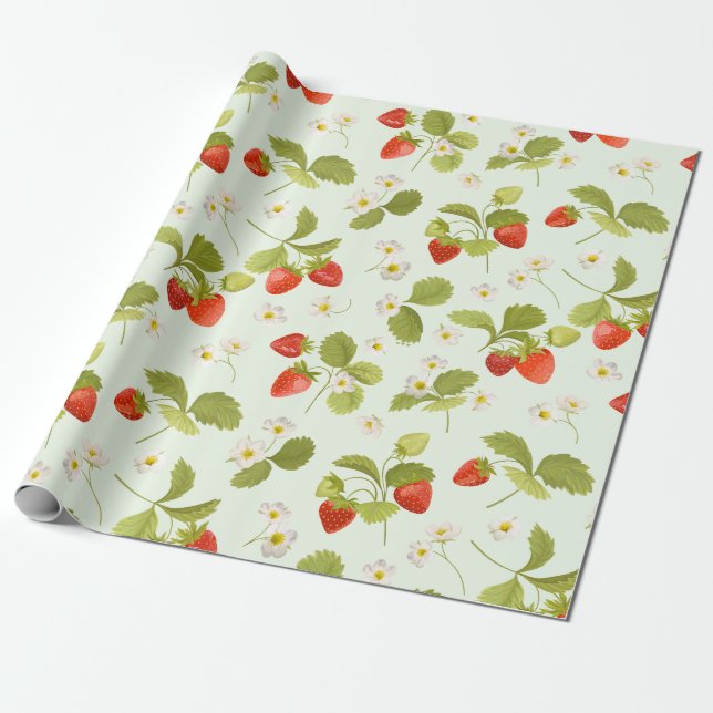 Strawberry Fruit, Leaves and Flowers  Wrapping Paper (Unrolled)