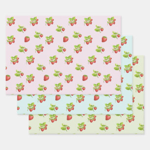 Strawberry Fruit, Leaves and Flowers Wrapping Paper Sheets