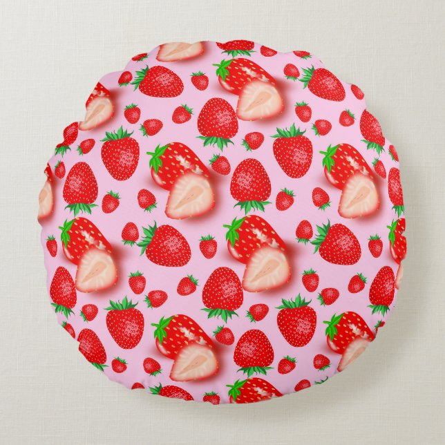 Strawberry Fruit On Pink Color Round Pillow (Front)
