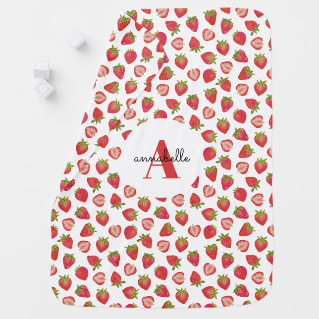 Strawberry Fruit Pattern Monogram Name Baby Blanket (In Situ)