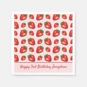 Strawberry Fruit Pattern On Pink Happy Birthday Napkins