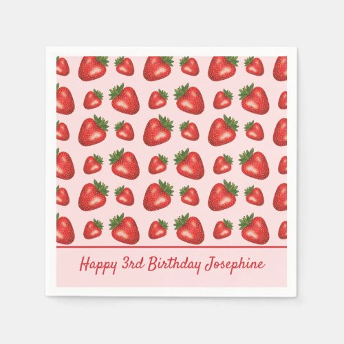Strawberry Fruit Pattern On Pink Happy Birthday Napkins