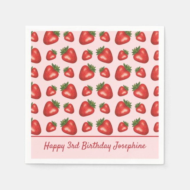 Strawberry Fruit Pattern On Pink Happy Birthday Napkins (Front)