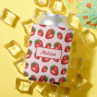 Strawberry Fruit Pattern On Pink With Custom Name Can Cooler