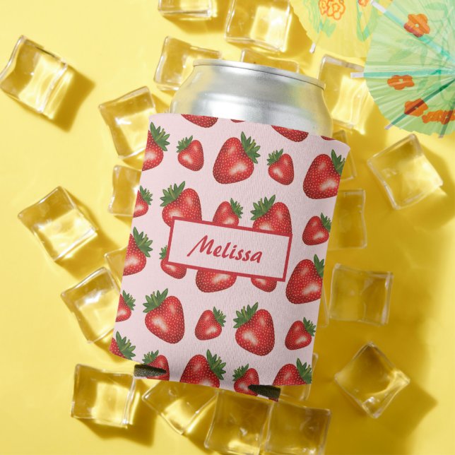 Strawberry Fruit Pattern On Pink With Custom Name Can Cooler (In Situ Summer)
