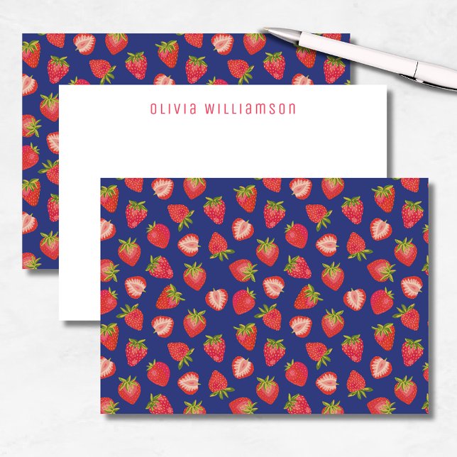 Strawberry Fruit Personalized Name Note Card (Fun strawberry notecards on blue background. Customize with your own name or choice of text.)