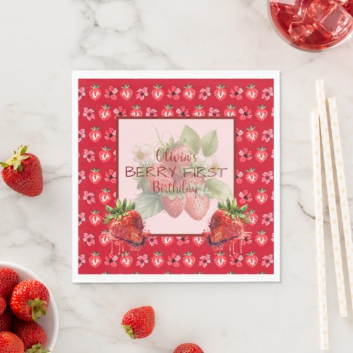 Strawberry Fruit Very First Birthday  Napkins