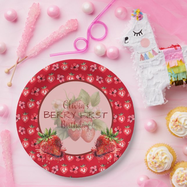 Strawberry Fruit Very First Birthday  Paper Plates (Party)