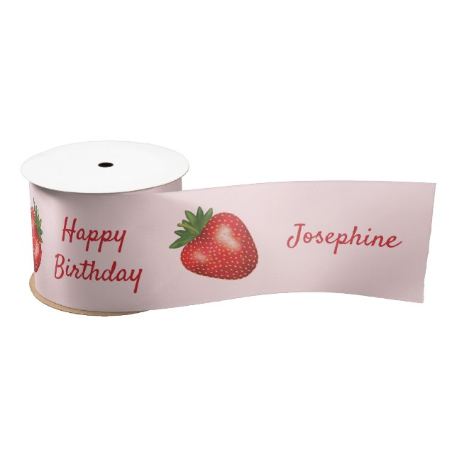 Strawberry Fruits On Pink With Custom Text Satin Ribbon (Spool)