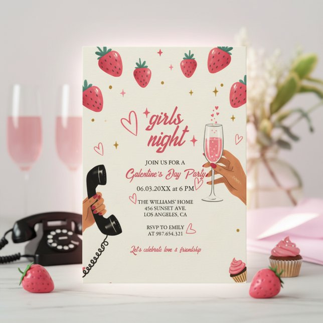 Strawberry Galentine's Girls Night Party  Invitation (Strawberry Party Invite)