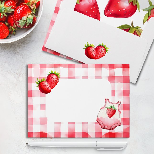 Strawberry Gingham Baby Shower Picnic Pink Red  Envelope (Baby Shower Gingham Check Strawberry envelope stationary pink red cottage retro picnic vintage fruit)