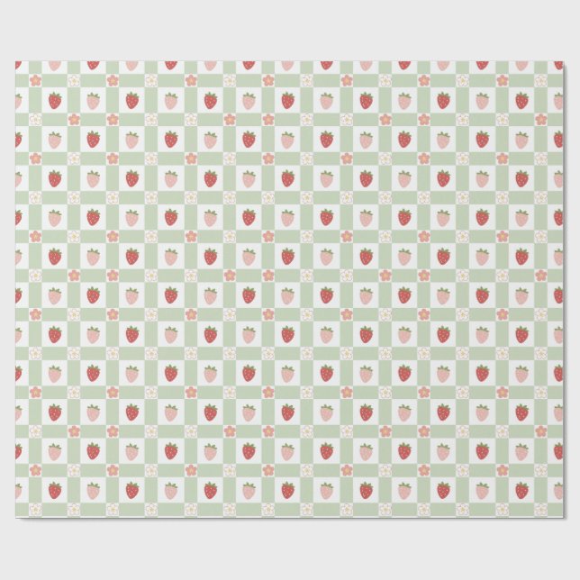Strawberry Gingham Berry Happy Birthday Wrapping Paper (Flat)