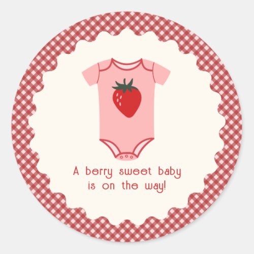 Strawberry Gingham Berry Sweet Baby Shower Classic Round Sticker