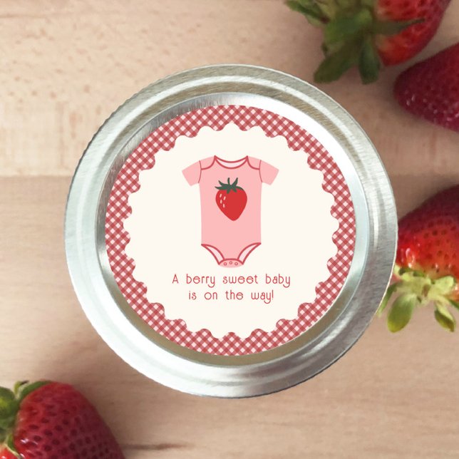 Strawberry Gingham Berry Sweet Baby Shower Classic Round Sticker (Creator Uploaded)