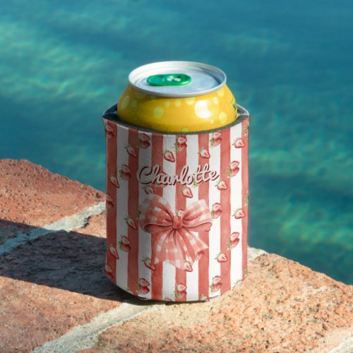 Strawberry Gingham Bow Red Stripes Name Can Cooler