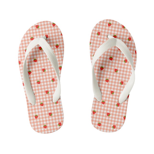 Strawberry & Gingham Check (Salmon Pink) Beach San Kid's Flip Flops (Footbed)