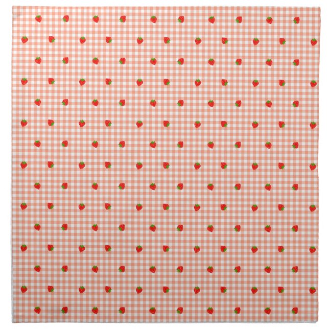 Strawberry & Gingham Check (Salmon Pink) Cloth Napkin (Front)