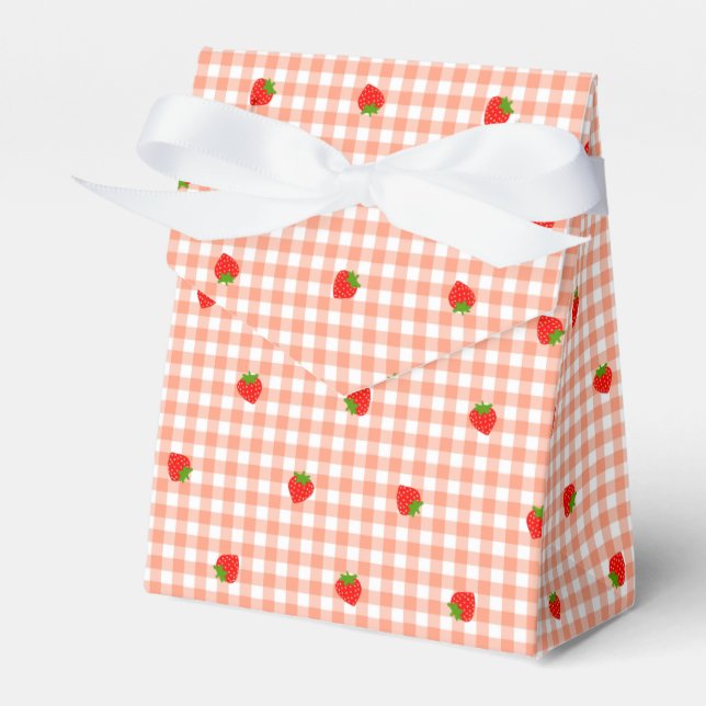 Strawberry & Gingham Check (Salmon Pink) Flavor Bo Favor Boxes (Front Side)