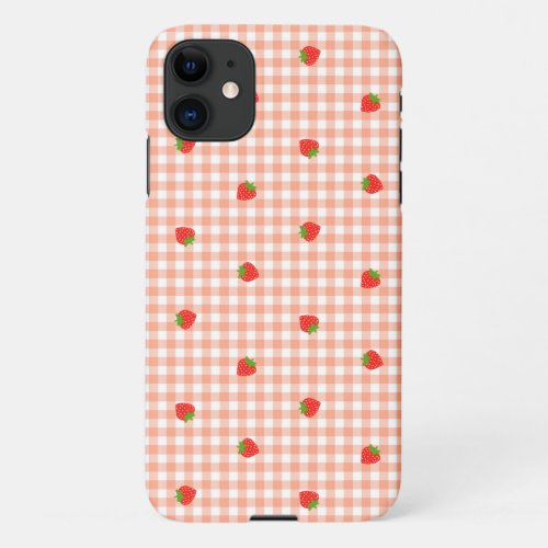 Strawberry  Gingham Check Salmon Pink iPhone 11 Case