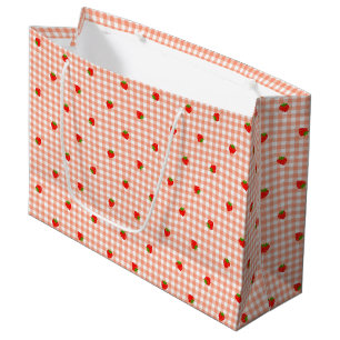 Strawberry Gingham Check Salmon Pink Large Gift Bag