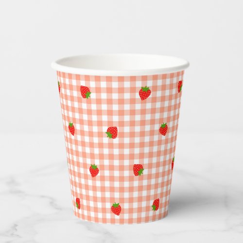 Strawberry  Gingham Check Salmon Pink Paper Cups