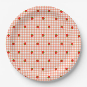 Strawberry & Gingham Check (Salmon Pink) Paper Plates