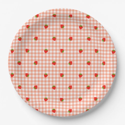 Strawberry  Gingham Check Salmon Pink Paper Plates