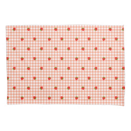 Strawberry  Gingham Check Salmon Pink Pillow Case