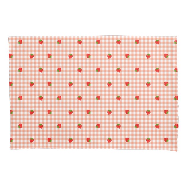 Strawberry & Gingham Check (Salmon Pink) Pillow Case (Front)