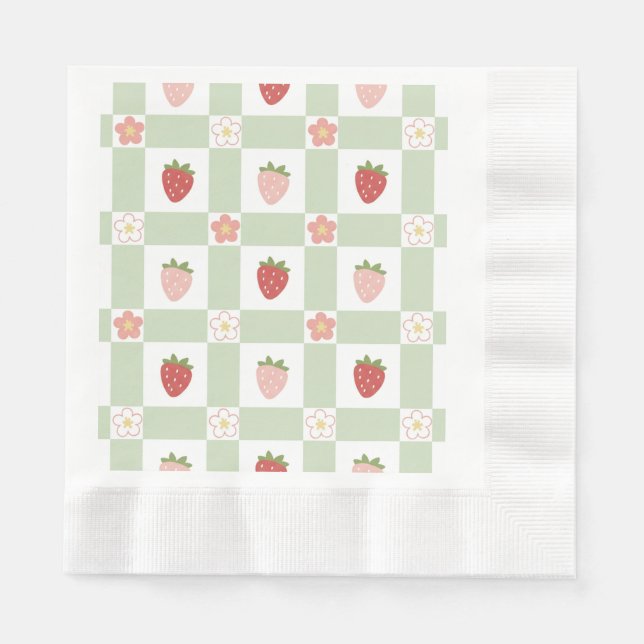 Strawberry Gingham First Birthday Coined Edge Napkins (Front)