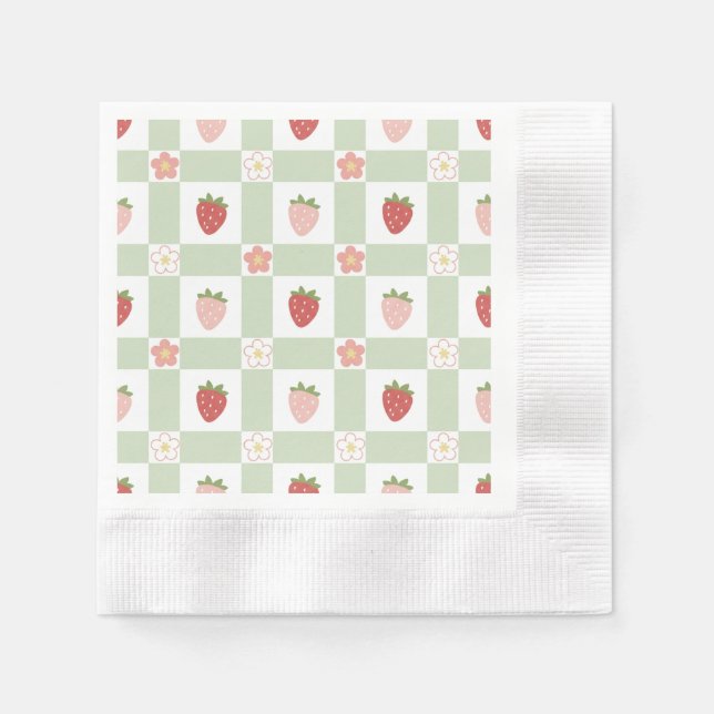 Strawberry Gingham First Birthday Napkins (Front)