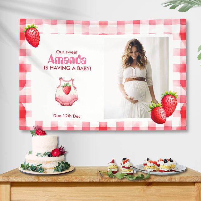 Strawberry Gingham Having Baby Shower Retro Picnic Banner (Strawberry Gingham Baby shower custom photo name banner part wall decoration pink watercolor country)