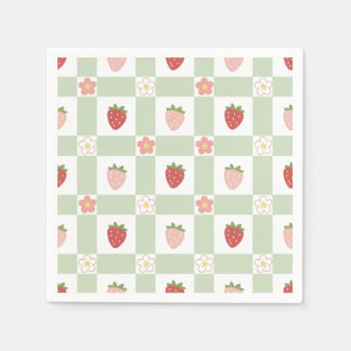 Strawberry Gingham Pastel Green 1st Birthday Napkins