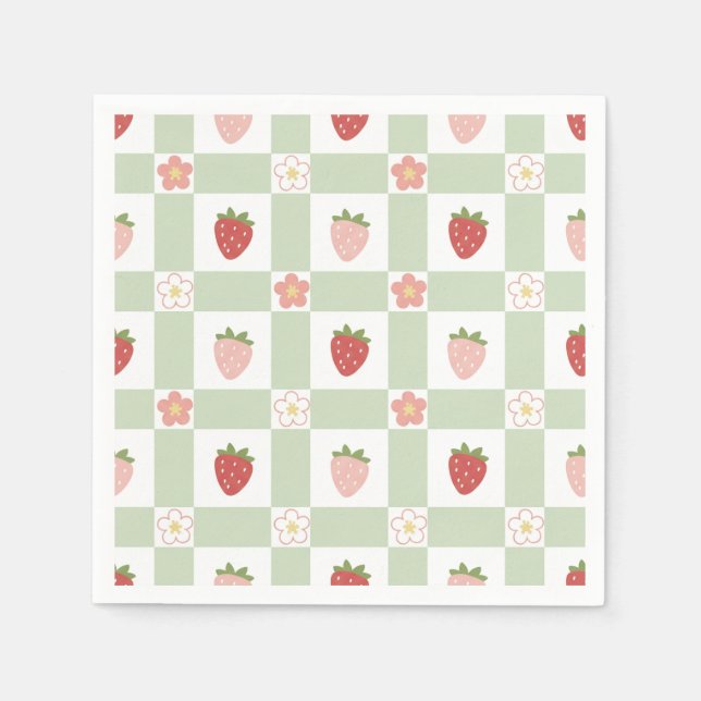 Strawberry Gingham Pastel Green 1st Birthday Napkins (Front)